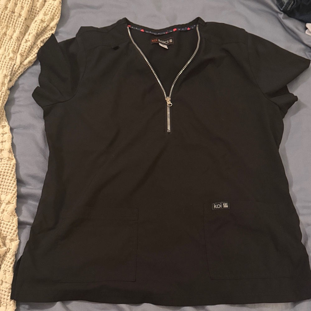 KOI Black Zip Front Scrub Top